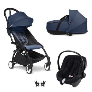 Poussette trio yoyo 3 pack 6+ et siège auto aton b2 black + nacelle yoyo - chassis noir - bleu air france Stokke