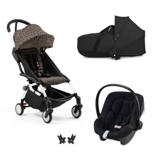 Poussette trio yoyo 3 pack 6+ et siège auto aton b2 black + nacelle yoyo - chassis blanc - léopard / noir Stokke