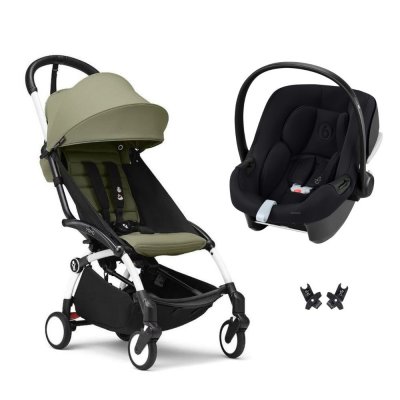 Poussette duo yoyo 3 pack 6+ et siège auto aton b2 black - chassis blanc - olive
