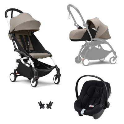 Poussette trio yoyo 3 pack 0+ & 6+ et siège auto aton b2 black - châssis blanc - taupe