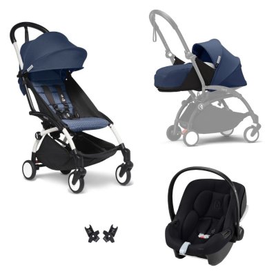 Poussette trio yoyo 3 pack 0+ & 6+ et siège auto aton b2 black - châssis blanc - bleu air france