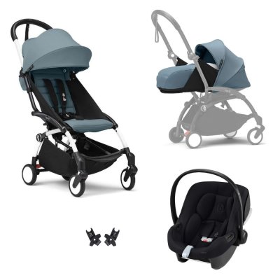 Poussette trio yoyo 3 pack 0+ & 6+ et siège auto aton b2 black - châssis blanc - aqua