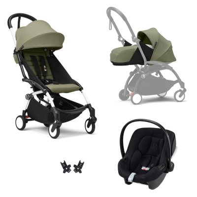 Poussette trio yoyo 3 pack 0+ & 6+ et siège auto aton b2 black - châssis blanc - olive