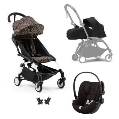 Poussette trio yoyo 3 pack 0+ & 6+ + siège auto cloud g3 black - châssis blanc - leopard / noir