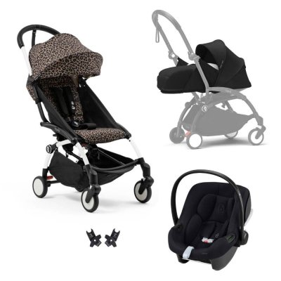 Poussette trio yoyo 3 pack 0+ & 6+ et siège auto aton b2 black - châssis blanc - leopard / noir