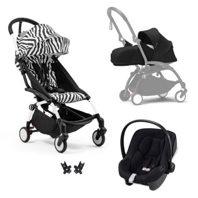 Poussette trio yoyo 3 pack 0+ & 6+ et siège auto aton b2 black - châssis blanc - zebra / noir