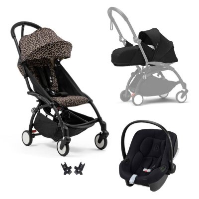 Poussette trio yoyo 3 pack 0+ & 6+ et siège auto aton b2 black - châssis noir - leopard / noir