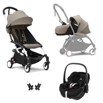 Poussette trio yoyo 3 pack 0+ et 6+ + siège auto pebble 360 pro² black - châssis blanc - taupe