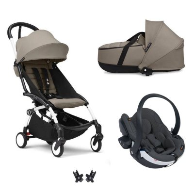Poussette trio yoyo 3 - châssis blanc pack 6+ siège auto izi go modular x2 by besafe + nacelle taupe