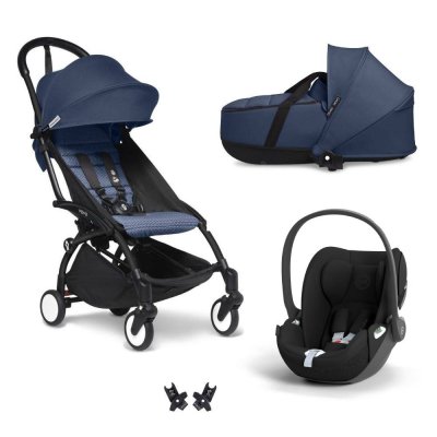 Poussette trio yoyo 3 + siège auto cloud t black + nacelle - châssis noir - bleu air france