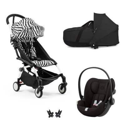 Poussette trio yoyo 3 pack 6+ et siège auto cloud g black + nacelle yoyo - chassis blanc - zebra / noir