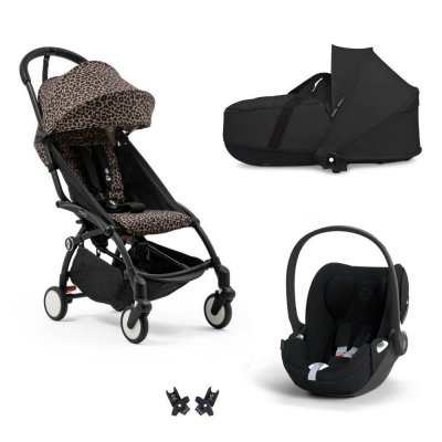 Poussette trio yoyo 3 pack 6+ + siège auto cloud t plus black + nacelle yoyo - châssis noir - léopard / noir