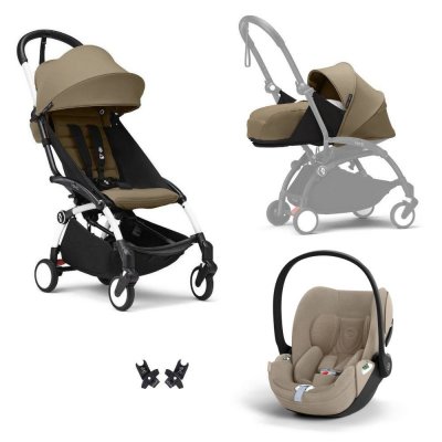 Poussette trio yoyo 3 pack 0+ & 6+ + siège auto cloud t plus beige - châssis blanc - toffee