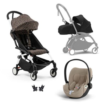 Poussette trio yoyo 3 pack 0+ & 6+ + siège auto cloud t plus beige - châssis blanc - léopard / noir