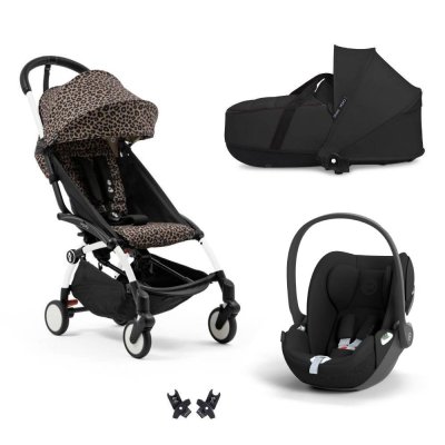 Poussette trio yoyo 3 + siège auto cloud t black + nacelle - châssis blanc - léopard / noir