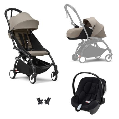 Poussette trio yoyo 3 pack 0+ & 6+ et siège auto aton b2 black - châssis noir - taupe