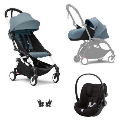 Poussette trio yoyo 3 pack 0+ & 6+ + siège auto cloud g3 black - châssis blanc - aqua