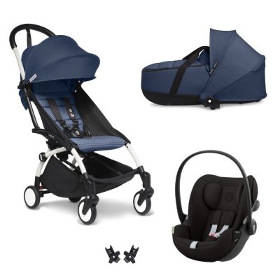 Poussette trio yoyo 3 pack 6+ et siège auto cloud g black + nacelle yoyo - chassis blanc - bleu air france