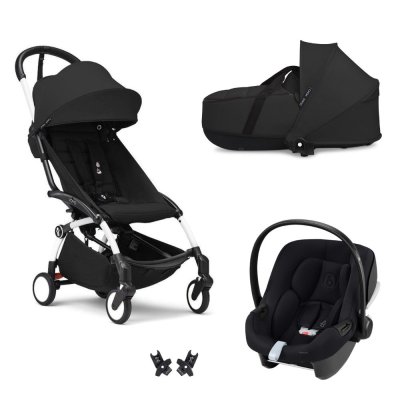 Poussette trio yoyo 3 pack 6+ et siège auto aton b2 black + nacelle yoyo - chassis blanc - noir