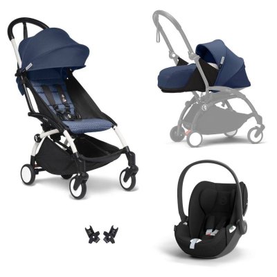 Poussette trio yoyo 3 pack 0+ & 6+ + siège auto cloud t black - châssis blanc - bleu air france