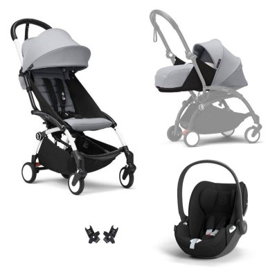 Poussette trio yoyo 3 pack 0+ & 6+ + siège auto cloud t black - châssis blanc - stone