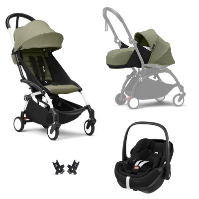 Poussette trio yoyo 3 pack 0+ et 6+ + siège auto pebble 360 pro² black - châssis blanc - olive