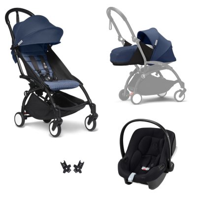 Poussette trio yoyo 3 pack 0+ & 6+ et siège auto aton b2 black - châssis noir - bleu air france