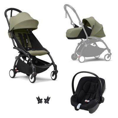 Poussette trio yoyo 3 pack 0+ & 6+ et siège auto aton b2 black - châssis noir - olive
