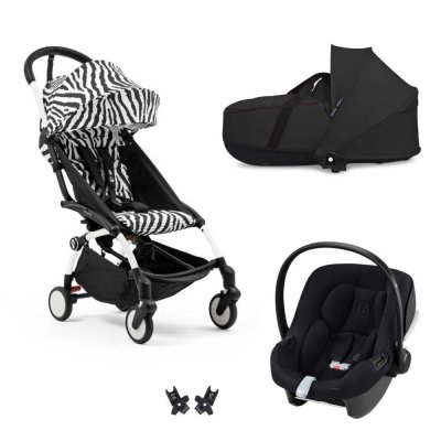 Poussette trio yoyo 3 pack 6+ et siège auto aton b2 black + nacelle yoyo - chassis blanc - zebra / noir