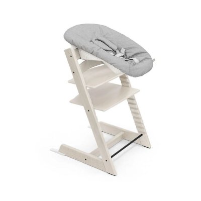 Pack chaise haute tripp trapp hêtre blanchi + newborn set gris