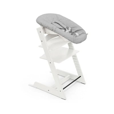 Pack chaise haute tripp trapp hêtre blanc + newborn set gris