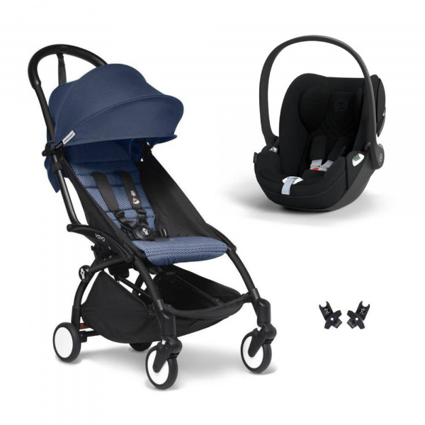 Poussette duo yoyo 3 pack 6+ et siège auto cloud t plus black - chassis noir - bleu air france Stokke
