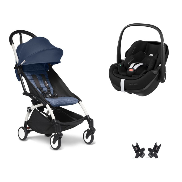 Poussette duo yoyo 3 pack 6+ et siège auto pebble 360 pro² black - chassis blanc - bleu air france Stokke