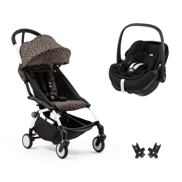 Poussette duo yoyo 3 pack 6+ et siège auto pebble 360 pro² black - chassis blanc - leopard Stokke