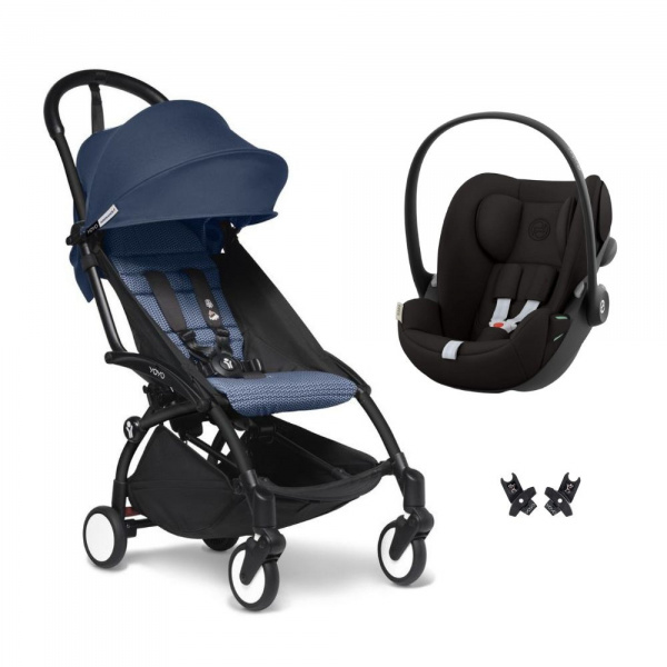 Poussette duo yoyo 3 pack 6+ et siège auto cloud g black - chassis noir - bleu air france Stokke