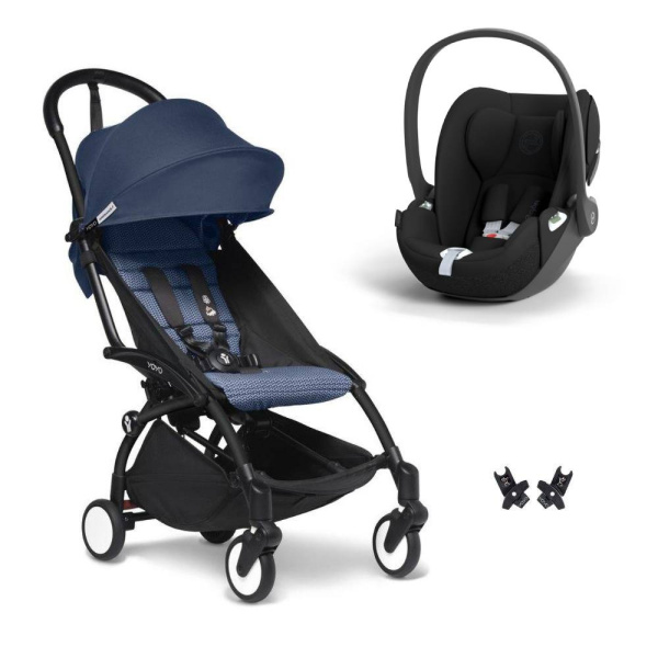 Poussette duo yoyo 3 pack 6+ et siège auto cloud t black - chassis noir - bleu air france Stokke
