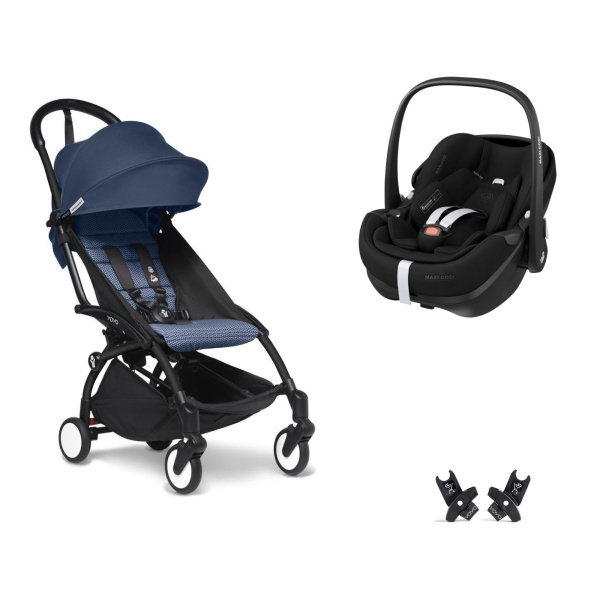 Poussette duo yoyo 3 pack 6+ et siège auto pebble 360 pro² - chassis noir - bleu air france Stokke