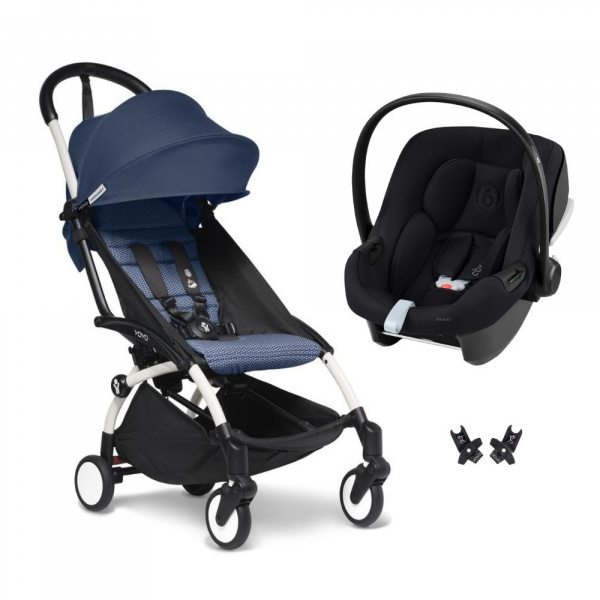 Poussette duo yoyo 3 pack 6+ et siège auto aton b2 black - chassis blanc - bleu air france Stokke