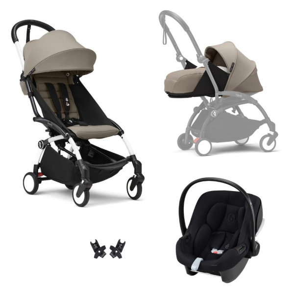 Poussette trio yoyo 3 pack 0+ & 6+ et siège auto aton b2 black - châssis blanc - taupe Stokke