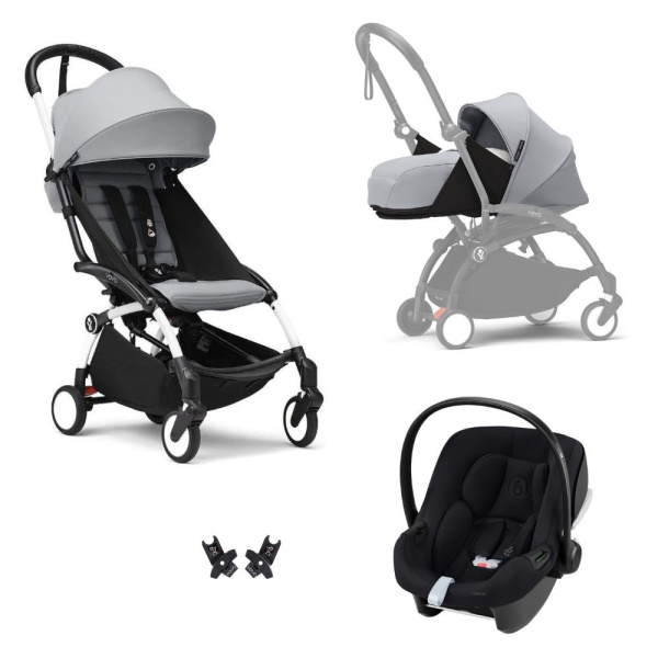 Poussette trio yoyo 3 pack 0+ & 6+ et siège auto aton b2 black - châssis blanc - stone Stokke