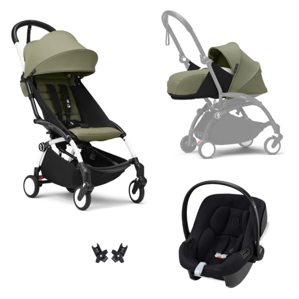 Poussette trio yoyo 3 pack 0+ & 6+ et siège auto aton b2 black - châssis blanc - olive Stokke