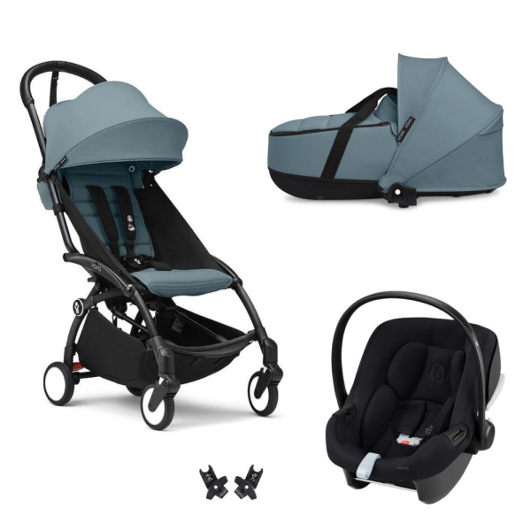Poussette trio yoyo 3 pack 6+ et siège auto aton b2 black + nacelle yoyo - chassis noir - aqua Stokke
