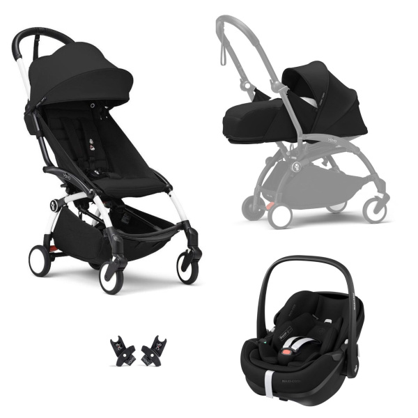 Poussette trio yoyo 3 pack 0+ et 6+ + siège auto pebble 360 pro² black - châssis blanc - noir Stokke