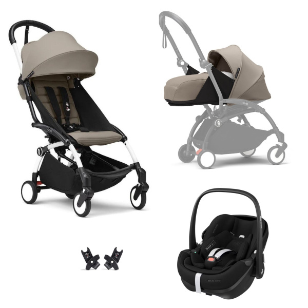 Poussette trio yoyo 3 pack 0+ et 6+ + siège auto pebble 360 pro² black - châssis blanc - taupe Stokke
