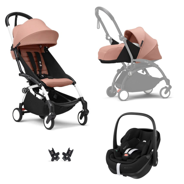 Poussette trio yoyo 3 pack 0+ et 6+ + siège auto pebble 360 pro² black - châssis blanc - ginger Stokke