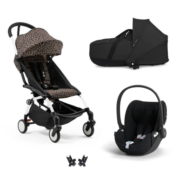 Poussette trio yoyo 3 pack 6+ + siège auto cloud t plus black + nacelle yoyo - châssis blanc - léopard / noir Stokke