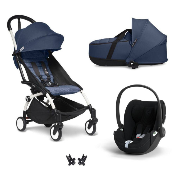 Poussette trio yoyo 3 pack 6+ + siège auto cloud t plus black + nacelle yoyo - châssis blanc - bleu air france Stokke