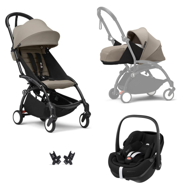 Poussette trio yoyo 3 pack 0+ & 6+ et siège auto pebble 360 pro² black - châssis noir - taupe Stokke