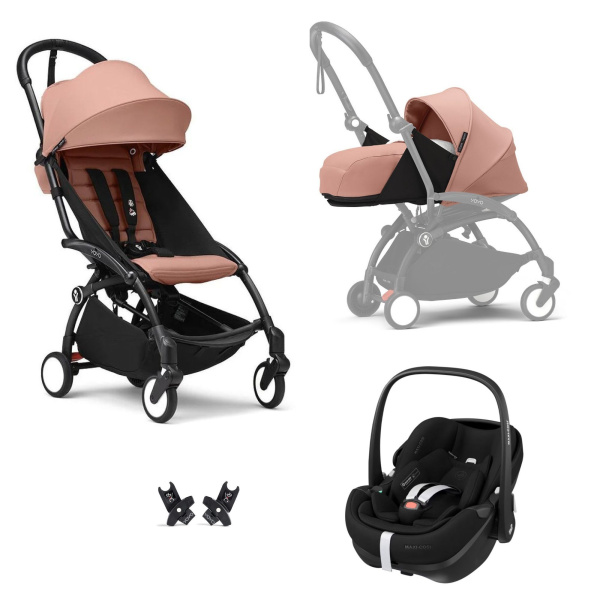 Poussette trio yoyo 3 pack 0+ & 6+ et siège auto pebble 360 pro² black - châssis noir - ginger Stokke