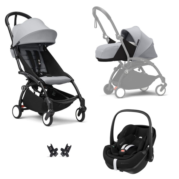 Poussette trio yoyo 3 pack 0+ & 6+ et siège auto pebble 360 pro² black - châssis noir - stone Stokke